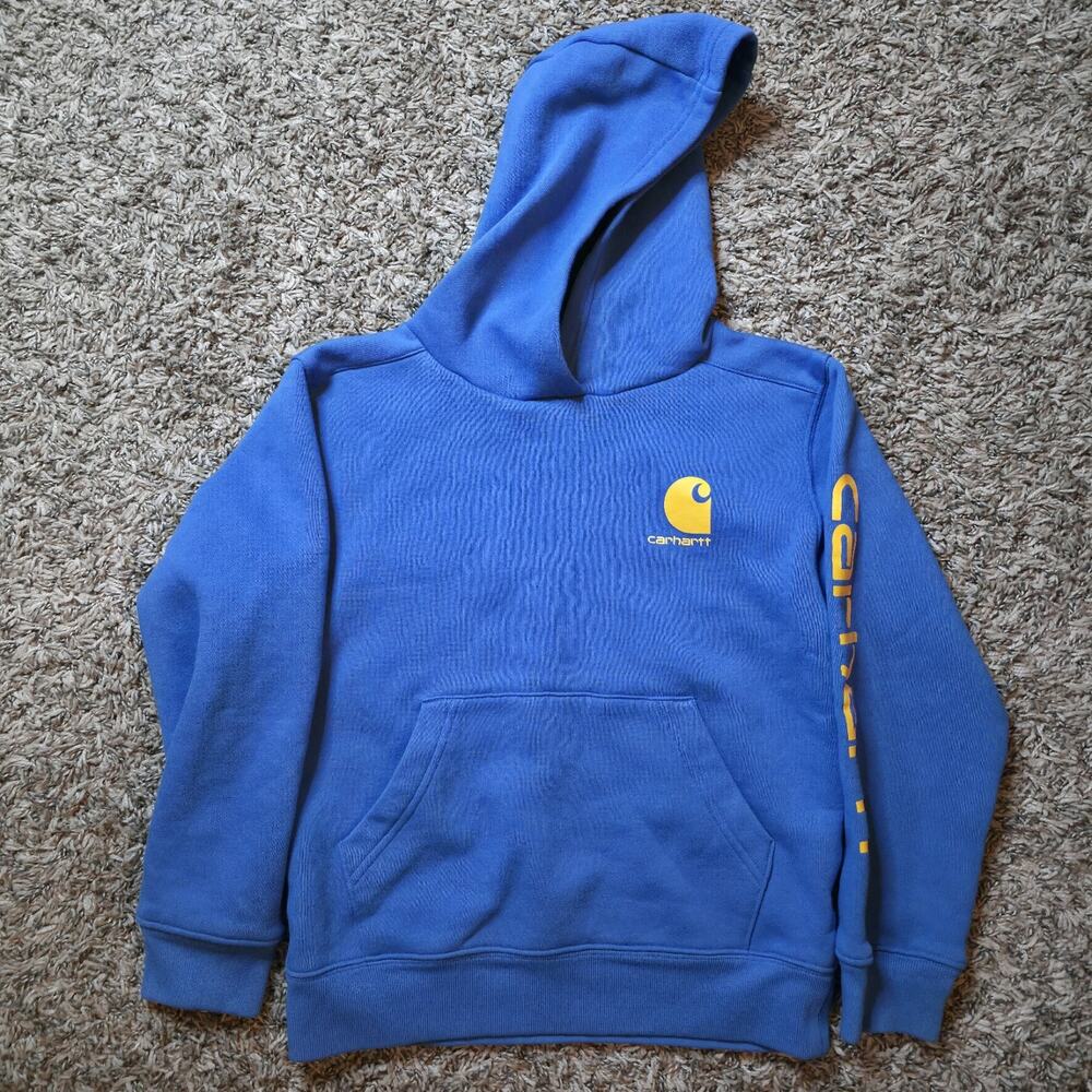 Carhartt Youth Small 8-10 Pullover Hoodie Blue Fleece Lined Kangaroo Pocket Logo